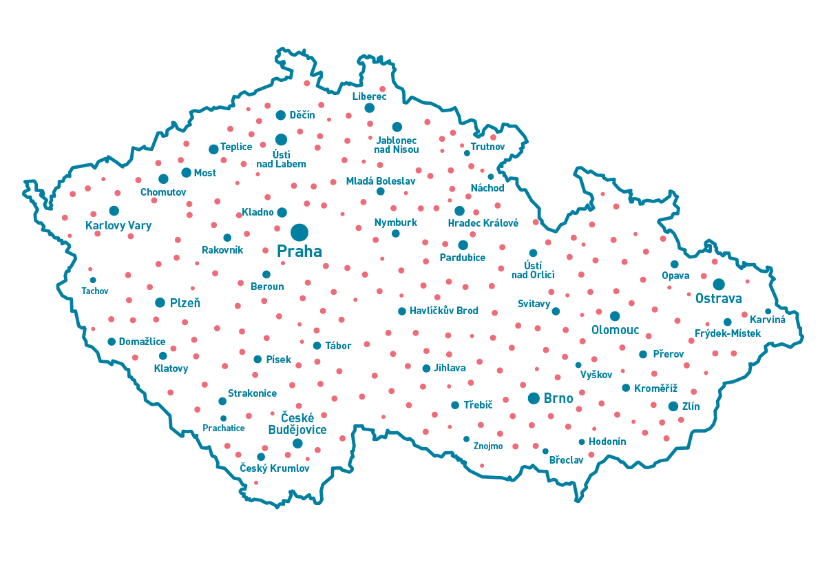 Mapa České republiky s více než 200 partnerskými autoškolami zapojenými do projektu Zpátky za volant